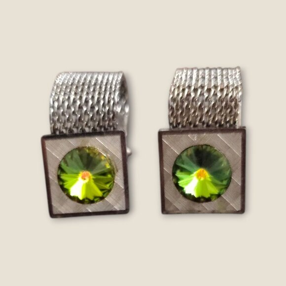 Vintage Estate Mesh  Silver Tone Cufflinks With Watermelon Rhinestone - Picture 1 of 7